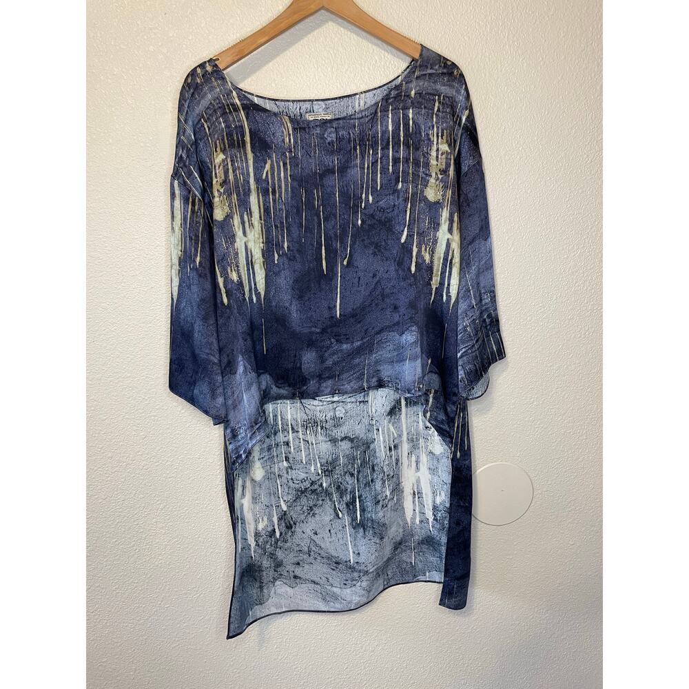 Go by Go Silk Boho Hi Low Deep Blue Abstract Design 3/4 Sleeve Square Cut Top M - Picture 9 of 11